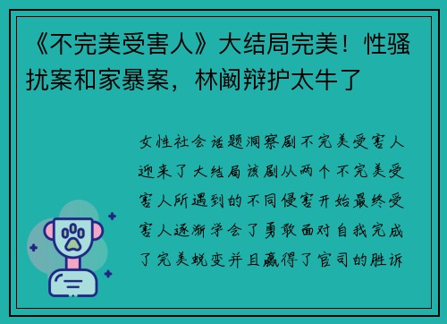 《不完美受害人》大结局完美！性骚扰案和家暴案，林阚辩护太牛了