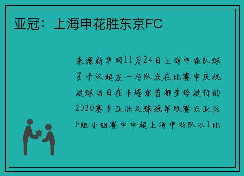亚冠：上海申花胜东京FC