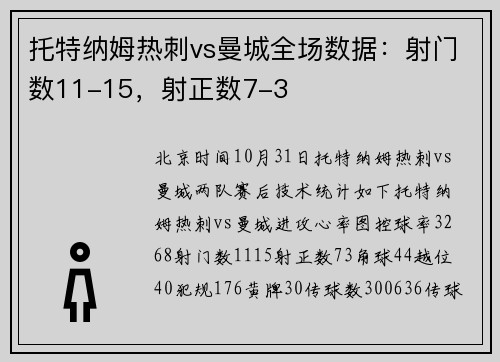 托特纳姆热刺vs曼城全场数据：射门数11-15，射正数7-3