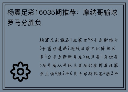 杨震足彩16035期推荐：摩纳哥输球 罗马分胜负