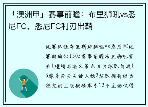 「澳洲甲」赛事前瞻：布里狮吼vs悉尼FC，悉尼FC利刃出鞘